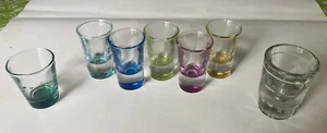 Vintage LOT 7 SHOT GLASSES/ 5 With COLORED RINGS Red Blue Green Set - Picture 1 of 7