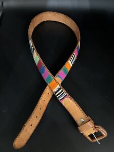 VINTAGE Hand Woven Belt Genuine Stamped Leather  Colorful Boho SZ 36
