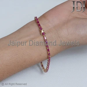 Natural Ruby Gemstone 14k Solid Yellow Gold Charm Bracelet Stackable Jewelry - Picture 1 of 24