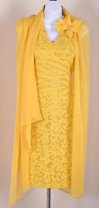 ST. Evening JOHN Womens Knit Yellow Metallic Gold Studs Print Shimmer Dress Sz 8 - Picture 1 of 8