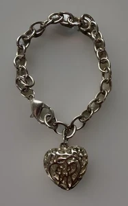 Puffy Filigree Heart Dangle Charm Silver Tone Bracelet Exquisite Vintage Estate - Picture 1 of 4