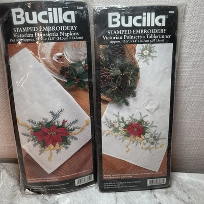 Bucilla Poinsettia Embroidery Kits 83888 83889 Table Runner  8 Napkins new - Image 1 of 4