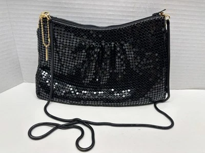 Vtg LYRELLA Black Mesh Shiny Bag Purse Metal Strap Handbag JK161 - Image 1 of 4