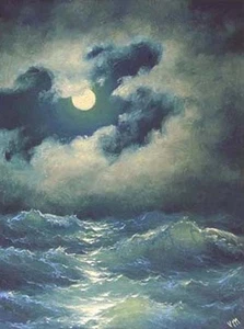 188 - 5"x 7" ORIGINAL LEINWAND KUNSTDRUCK MEERESLANDSCHAFT Mond Nacht Pazifischer Ozean - Bild 1 von 1