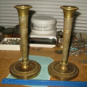 Pair Louis XVI Brass Candlesticks 1870 Vintage 8 3/4" x 4 1/4" Candle Holders - Picture 1 of 12