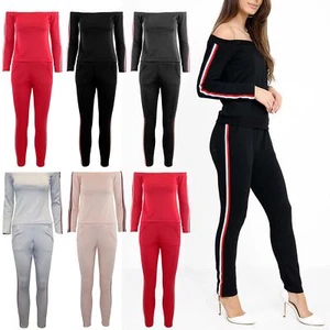 Ladies Off Shoulder Lounge wear Sports Womens Jogsuit Side Stripes Tracksuit Set - Picture 1 of 7