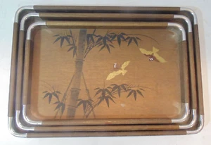 Vtg Set Of 3 Wood Metal Hand Painted Wooden Nesting Trays Birds Bamboo Japan - Picture 1 of 12