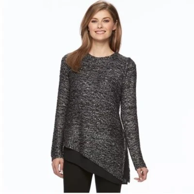 Apt. 9 Womens Size Small Asymmetrical Sequin Crewneck Sweater Black Gray Chiffon - Image 1 of 4