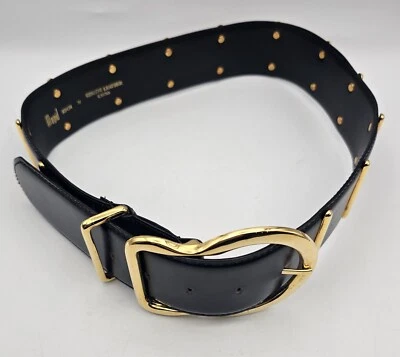 Cinturón de cuero negro MAGID vintage con tachuelas largas y hebilla de metal dorado ~ ¡Único! Foto 1 de 4