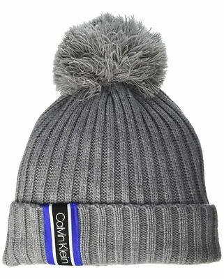 Calvin Klein Mujer Corredor Rayas Acanalado Gris Pom Pom Tejido Gorro Venta al por menor $40 Foto 1 de 3