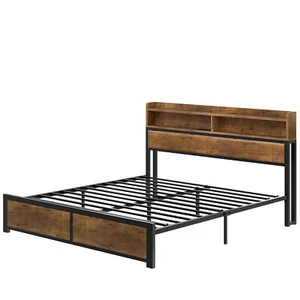 LED Bed Frame King Size Metal Platform Bed Frame w/2 Tier Storage Shelves Brown - Picture 1 of 9