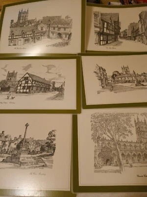 Conjunto Antigo de 6 Placemats de Vinil Inglaterra Cotswold Rural Gloucester Borda Verde  - Imagem 1 de 4