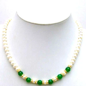 6mm Natural Freshwater White Pearl Necklace 8mm Green Jade Pendant Necklace 17" - Picture 1 of 3