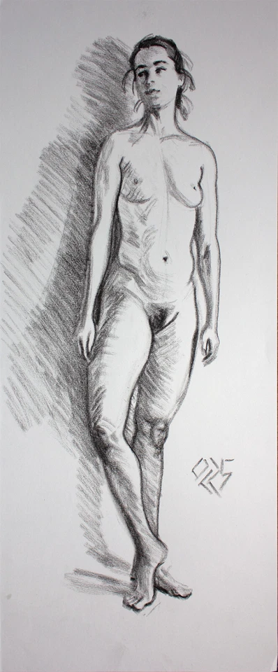 Original Female Charcoal on paper life Drawing nude Girl woman artwork realism - Image 1 of 1