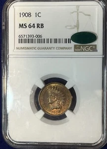 1908 Indian Cent NGC MS 64 RB CAC Aufkleber glänzend rot braun! - Bild 1 von 2