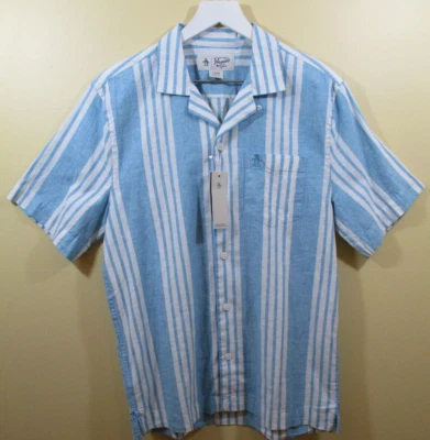 PENGUIN short sleeve button shirt linen cotton blend S white aqua stripes NWT - Image 1 of 4