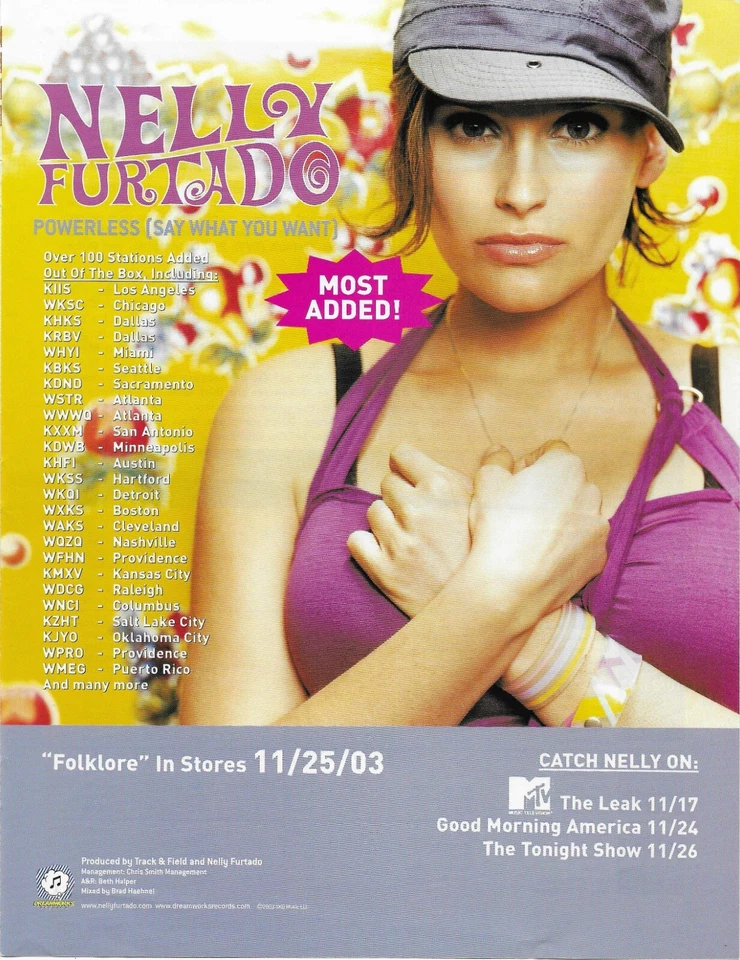 Póster anuncio comercial promocional NELLY FURTADO Powerless 1999 para CD folclórico como nuevo 8,5x11 Foto 1 de 1