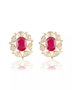 Oval Cut Ruby Gemstone & Rose Cut Polki 925 Sterling Silver Pave Diamond Earring - Picture 1 of 6
