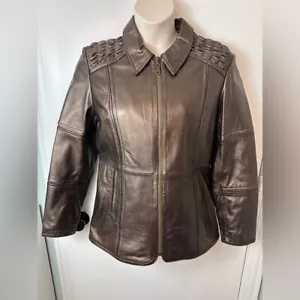 Women’s Leather Excelled Collection Zip Jacket metallic bronze belt strap Size M - Picture 1 of 10