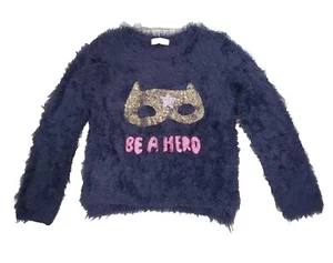 H&M Girls Navy Fuzzy Be A Hero Superhero Sequin Long Sleeve Sweater Sz 8-10 Y - Picture 1 of 4