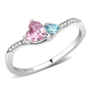 Rosa und blau Herz CZ Ring Oktober Geburtsstein Edelstahl TK316 - Bild 1 von 25