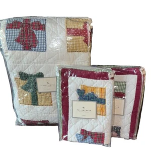 Rare Pottery Barn Christmas Gifts Plaid Heirloom Stitch Queen Quilted Quilt Set - Picture 1 of 8
