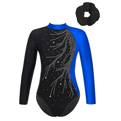 DE Mädchen Langarm Turnanzug Trikot mit Strass Glitzer Ballett Tanzbody+Haarband - Bild 1 von 4