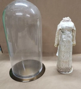 Vintage Puppe Hochzeitskleid + Schleier - handgenäht groß 15" lang + Barden Glaskuppel - Bild 1 von 12