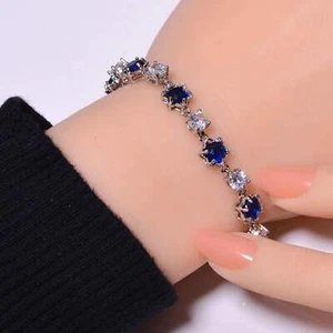 Blue Sapphire & CZ - Simulated 925 Sterling Silver Tennis Bracelet 8.99" B36986 - Picture 1 of 4
