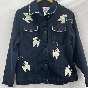 Quacker Factory Jacket Women Medium Black Denim Poodles Dog Embellished Stretch - Picture 1 of 11