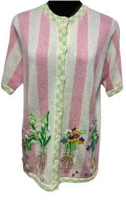 Quaker Factory Women's Pink&White Striped Pattern Embroidered Flower Sweater S - Image 1 of 4
