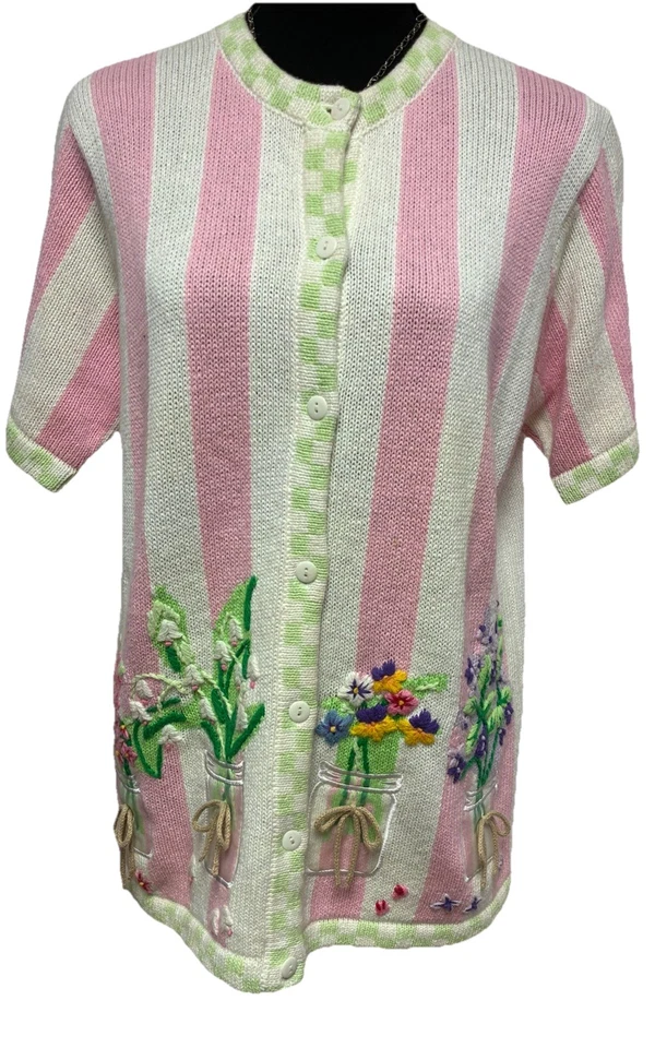 Quaker Factory Women's Pink&White Striped Pattern Embroidered Flower Sweater S - Image 1 of 4