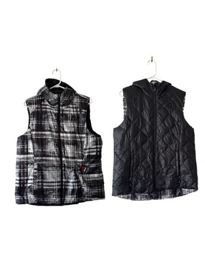 Gerry Women's Reversible Hooded Down Sleeveless Vest XL Black Plaid Quilted - Image 1 of 4