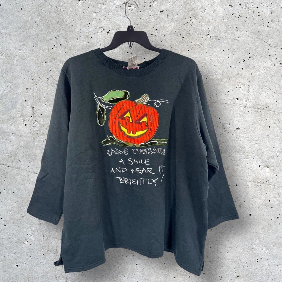 NUEVO CON ETIQUETAS DE COLECCIÓN Quacker Fábrica Bordada Calabaza Sudadera Cabrichosa Años 90’s Halloween 3X Foto 1 de 4