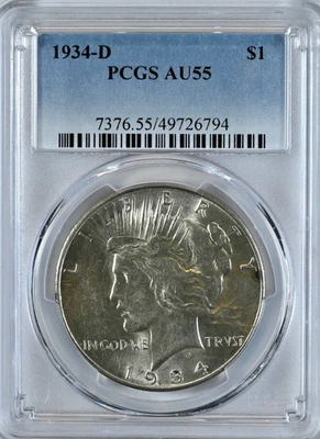 Moneda de 1 dólar de plata 1934-D PAZ AU55 PCGS graduada 7376 Foto 1 de 2