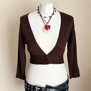 Jane Norman Size 14 Brown Crochet Back Cropped Cardigan Bolero Y2K Boho Knit - Picture 1 of 12