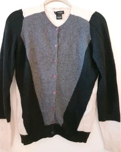 Vtg C by Bloomingdale's M/L 36" 2 Ply Cashmere Cardigan Sweater Gray Black Cream - Picture 1 of 10