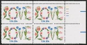 US USA Sc# 1951A MNH FVF PL# BLOCK Perf 11.25x10.5 Floral Love Flowers - Picture 1 of 1