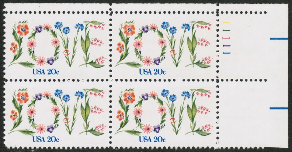 US USA Sc# 1951A MNH FVF PL# BLOCK Perf 11.25x10.5 Floral Love Flowers - Image 1 of 1