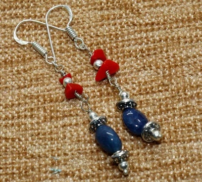 模拟蓝宝石红色珊瑚 925 镀银耳环 2.3 英寸美观 GW — 第 1/3 张图片