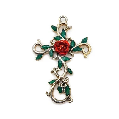 Colgante Cruz Vid Rosa Roja Tono Dorado Religioso Cristiano 1.5" Hojas Verdes Foto 1 de 3