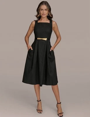 Vestido midi Donna Karan cuello cuadrado sin mangas línea A con cinturón talla 14 Foto 1 de 4