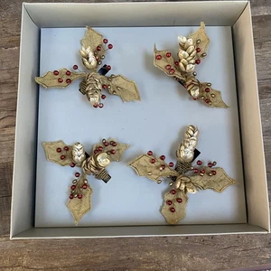 Kim Seybert "Holly Holiday” Napkin Rings Glass Beads, Fabric Gold Red 5x4” - Picture 1 of 10