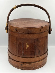 Antique Primitive Wooden 10 Inch Firkin Sugar Bucket with Swing Handle and Lid - Picture 1 of 12