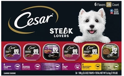 Cesar Wet Dog Food Steak Lovers Variety Pack with Real Meat, 3.5 oz. Trays (36 C