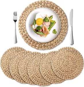 6 Pack, Round Woven Placemats, Natural Water Hyacinth Wicker Place mats, - Picture 1 of 10