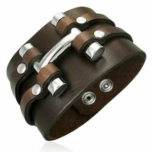 BRACCIALE IN PELLE ACCIAIO INOX MARRONE CINTURINO IN PELLE BBF105 - Foto 1 di 1