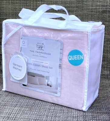 The Farmhouse Rachel Ashwell Pale Light Pink Linen Look Cotton Queen Sheet Set 4 - Image 1 of 4
