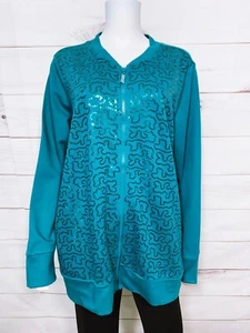 Quacker Factory By Jeanne Bice Womens Full Zip Sweatshirt Size XL Green Sequin - Picture 1 of 9