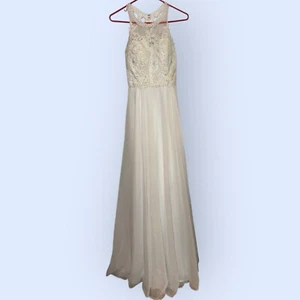 Bella Divine Sheer A Line Wedding Formal Dress Flowy Beaded White Floor Length - Picture 1 of 7